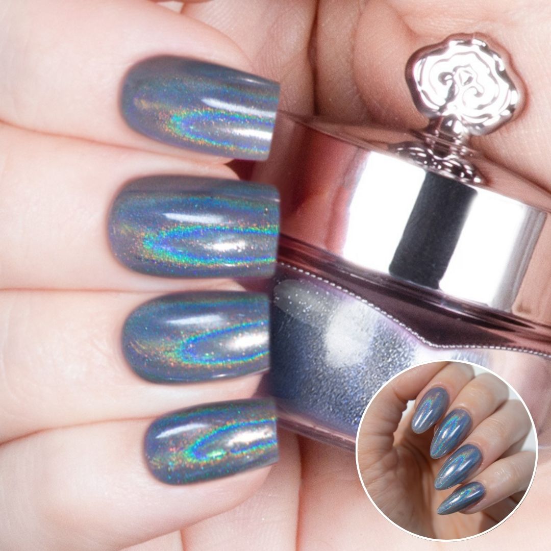 Nails featuring a nude-silver holographic powder with a soft, airy shimmer and prismatic effect.