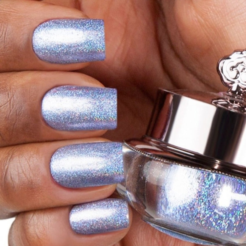 Nails showing soft purple with holographic tone