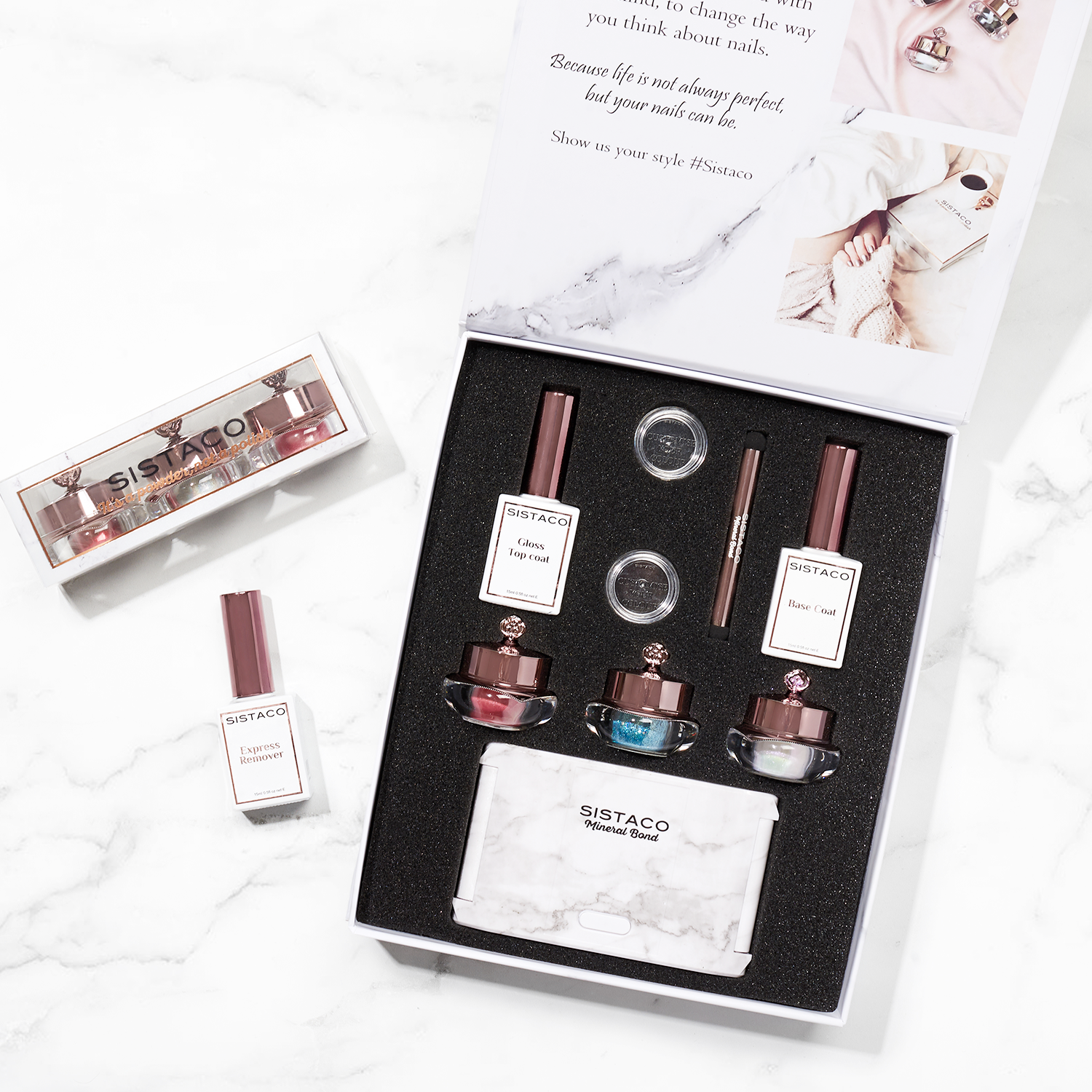 Nail care package with nail powders, LED lamp, Express Remover, Base Coat, Top Coat, Applicator