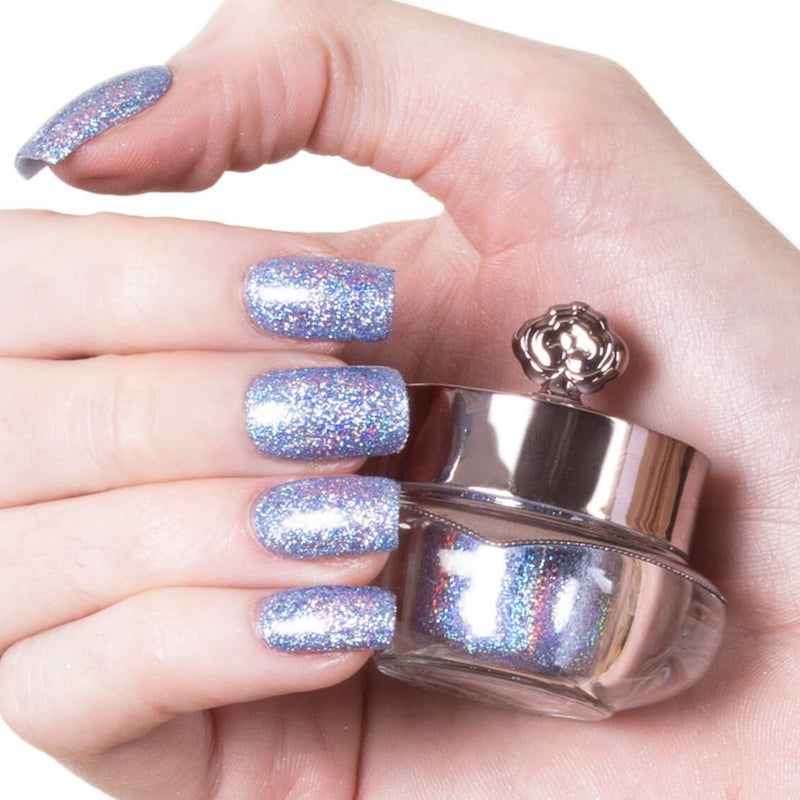 Nails showing soft purple with holographic tone